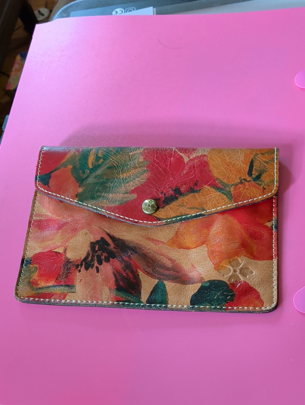 Patricia Nash Floral Painted Leather Envelope Clutch - Red, Orange, Green, Tan